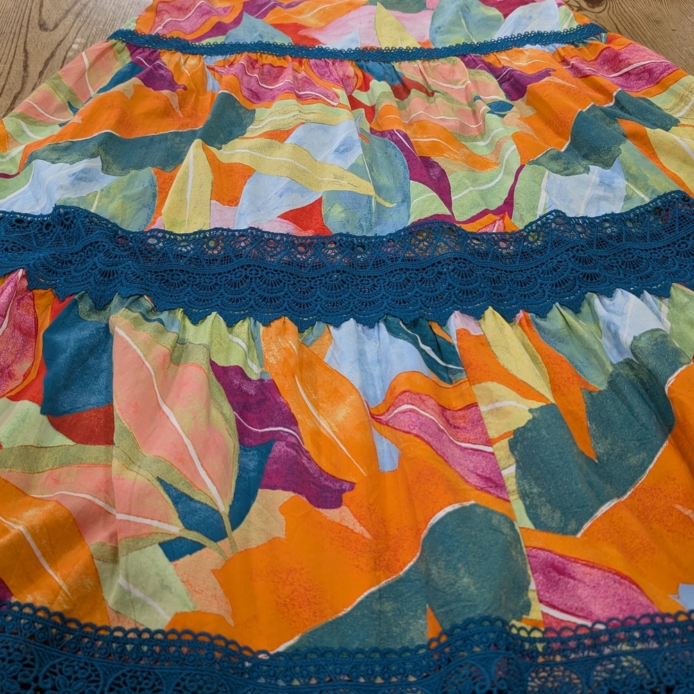 Diamond True XL Tropical Women's Boho A-Line Skirt Blue Lace Trim - Picture 10 of 11